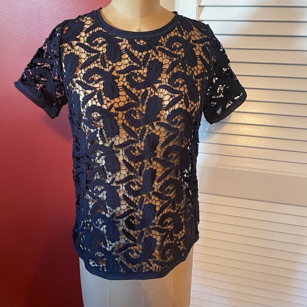 LOFT | navy loose crochet fitted overlay XSP